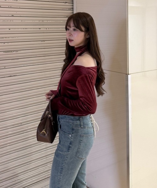 continuer de NICE CLAUP（コンティニューデナイスクラップ）の「ベロア＆ニットソーの2素材！（Tシャツ/カットソー・レディース・トップグレー/ピンク/ブラウン/ブラック/ボルドー・FREE）」の10枚目の写真