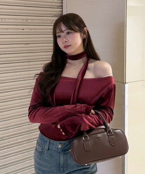 continuer de NICE CLAUP（コンティニューデナイスクラップ）の「ベロア＆ニットソーの2素材！（Tシャツ/カットソー・レディース・トップグレー/ピンク/ブラウン/ブラック/ボルドー・FREE）」の11枚目の写真