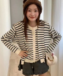 【4色展開】秋新作 可愛い取り外し衿付きボーダーカーディガン／2way ケープ風