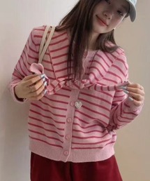 【4色展開】秋新作 可愛い取り外し衿付きボーダーカーディガン／2way ケープ風