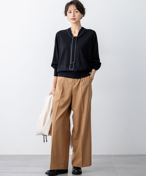 23区 S(ニジュウサンクチイサイサイズ)の「【洗える】ウーステッドウール ボウタイ ニット(ニット/セーター・レディース・グレー系/ベージュ系/ブラック系/ネイビー系・32)」の5枚目の写真