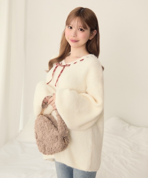 リボン付きベージュニットセーター VIS(ビス) / レースアップリボンニット【WEB・アウトレット限定
