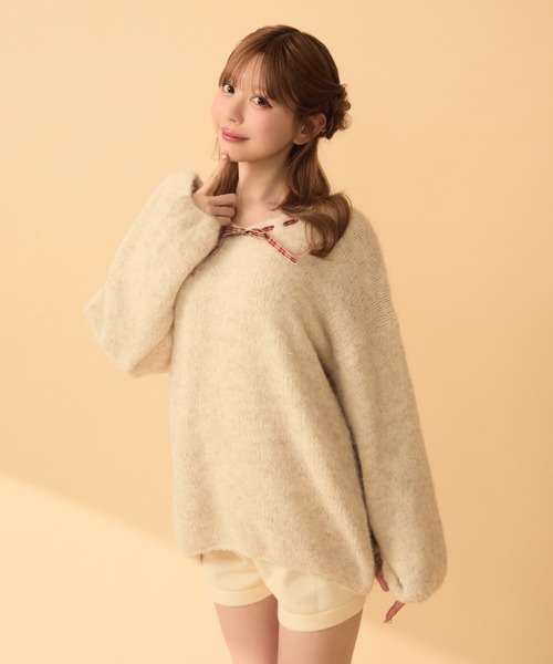 リボン付きベージュニットセーター VIS(ビス) / レースアップリボンニット【WEB・アウトレット限定