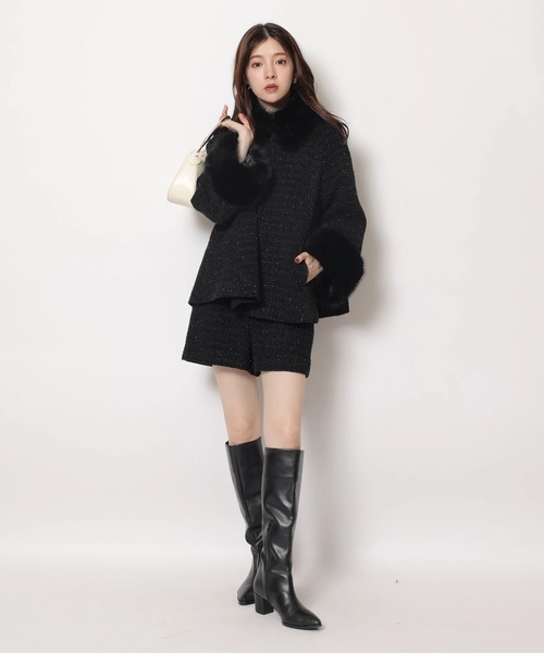 リランドチュール　ツイードファー襟ショートコート　黒　新品タグ付き ツィードファー衿ショートコート（ダウンジャケット/コート