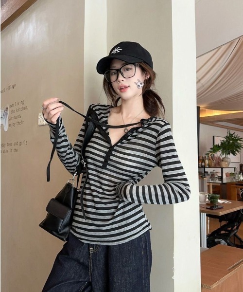 almo(アルモ)の「【LAMPOON】ボーダーヘンリーネックカットソー(Tシャツ/カットソー・レディース・ブラック・SMALL/MEDIUM/LARGE)」の1枚目の写真