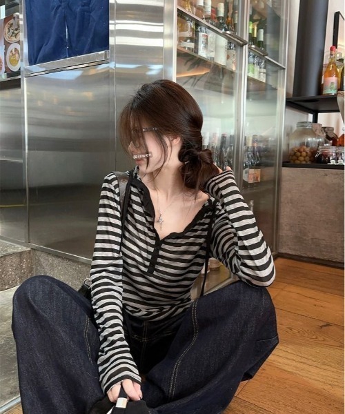 almo(アルモ)の「【LAMPOON】ボーダーヘンリーネックカットソー(Tシャツ/カットソー・レディース・ブラック・SMALL/MEDIUM/LARGE)」の4枚目の写真
