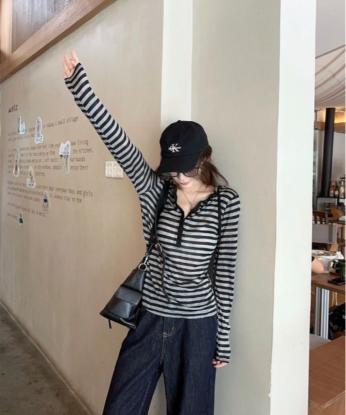 almo(アルモ)の「【LAMPOON】ボーダーヘンリーネックカットソー(Tシャツ/カットソー・レディース・ブラック・SMALL/MEDIUM/LARGE)」の7枚目の写真