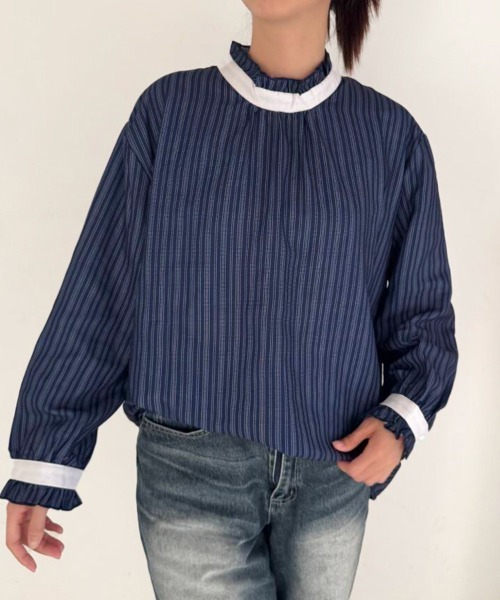 Doux Belle(ドゥーベル)の「フリル襟ストライプブラウス(シャツ/ブラウス・レディース・ベージュ/ブルー・FREE)」の1枚目の写真