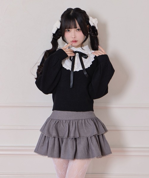 Honey Cinnamon（ハニーシナモン）の「ヨーク切替コットンレースニットトップス（ニット/セーター・レディース・ブラック/ピンク・FREE）」の2枚目の写真