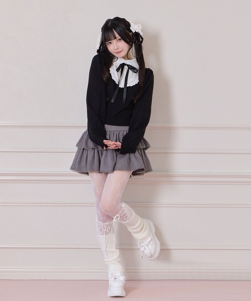 Honey Cinnamon（ハニーシナモン）の「ヨーク切替コットンレースニットトップス（ニット/セーター・レディース・ブラック/ピンク・FREE）」の9枚目の写真