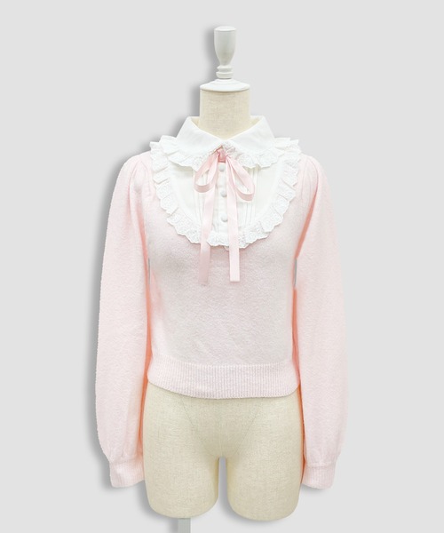 Honey Cinnamon（ハニーシナモン）の「ヨーク切替コットンレースニットトップス（ニット/セーター・レディース・ブラック/ピンク・FREE）」の4枚目の写真