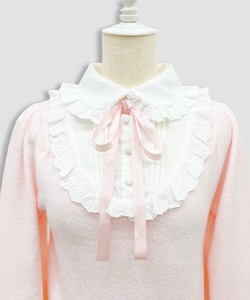 Honey Cinnamon（ハニーシナモン）の「ヨーク切替コットンレースニットトップス（ニット/セーター・レディース・ブラック/ピンク・FREE）」の5枚目の写真