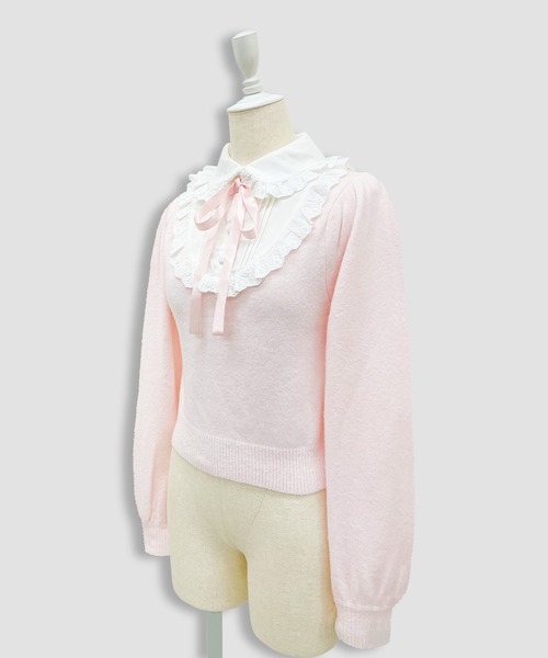 Honey Cinnamon（ハニーシナモン）の「ヨーク切替コットンレースニットトップス（ニット/セーター・レディース・ブラック/ピンク・FREE）」の6枚目の写真