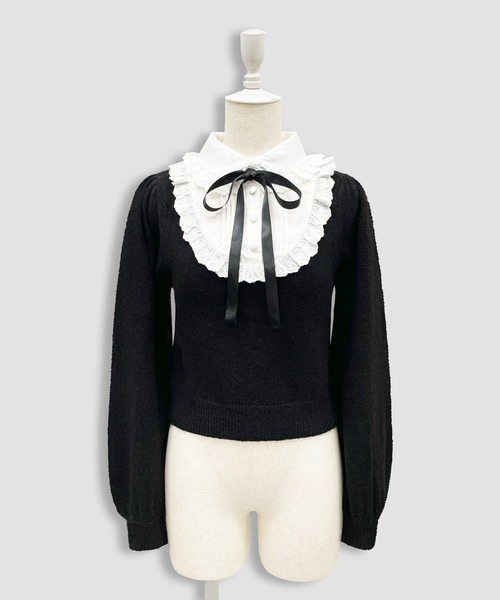 Honey Cinnamon（ハニーシナモン）の「ヨーク切替コットンレースニットトップス（ニット/セーター・レディース・ブラック/ピンク・FREE）」の10枚目の写真