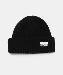 GANNI ガニー ロゴパッチリブビーニー ブラック ニット帽 GANNI ガニー ニット帽 Light Structured Rib Knit Beanie A5118