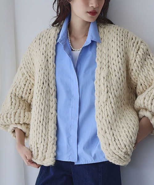 ELFRANK(エルフランク)の「ざっくり編み チャンキーニット カーディガン(カーディガン/ボレロ・レディース・アイボリー/モカ・FREE)」の14枚目の写真