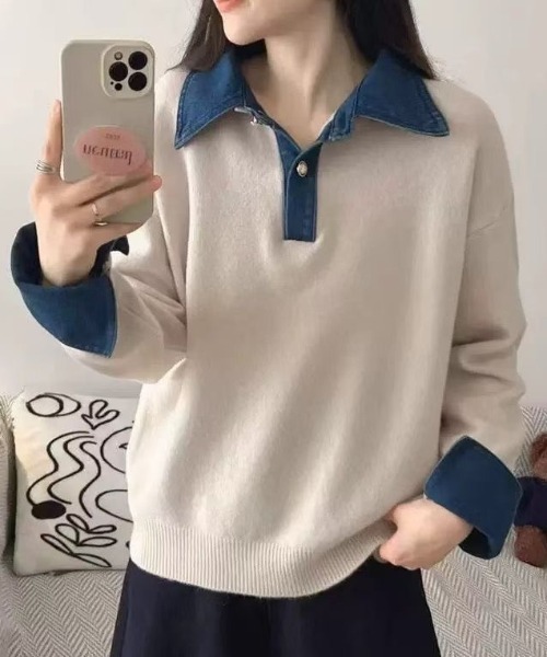 deux amour(ドゥーザムール)の「デニム切り替え衿付ニットプルオーバー(ニット/セーター・レディース・ネイビー/グレー/アイボリー/レッド・M)」の2枚目の写真