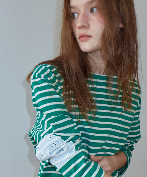 RONRON(ロンロン)の「STRIPE LACE PATCH ELBOW PATCH LONG SLEEVE GREEN(Tシャツ/カットソー・レディース・その他・FREE)」の4枚目の写真