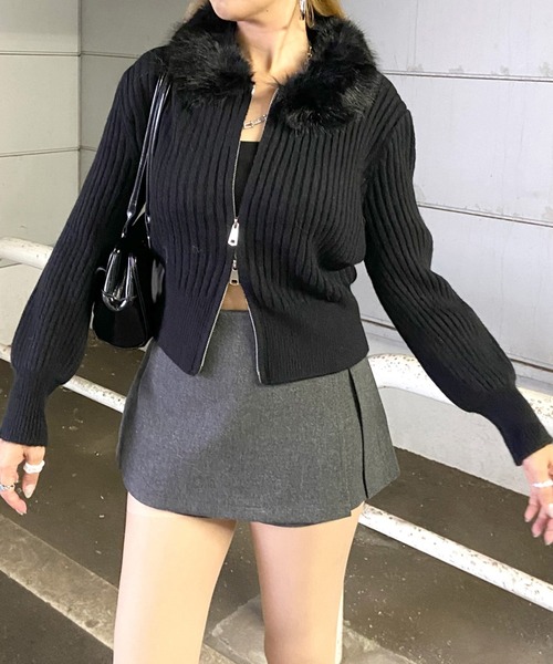 non-hedge(ノンヘッジ)の「襟フェイクファーダブルジップニットトップス(ニット/セーター・レディース・ベージュ/ブラウン/オフホワイト/グレー/ブラック・FREE)」の3枚目の写真