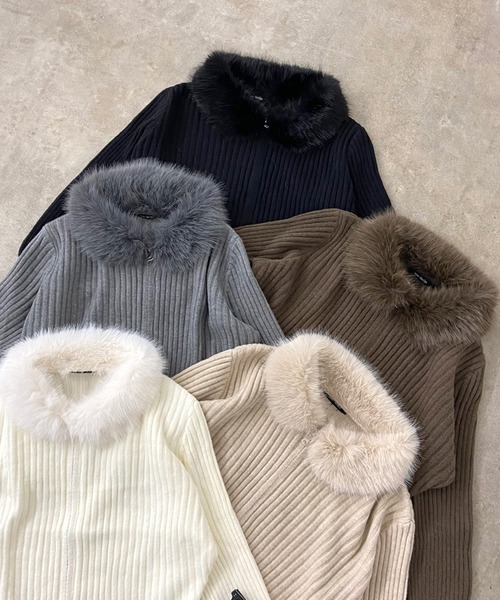 non-hedge(ノンヘッジ)の「襟フェイクファーダブルジップニットトップス(ニット/セーター・レディース・ベージュ/ブラウン/オフホワイト/グレー/ブラック・FREE)」の8枚目の写真