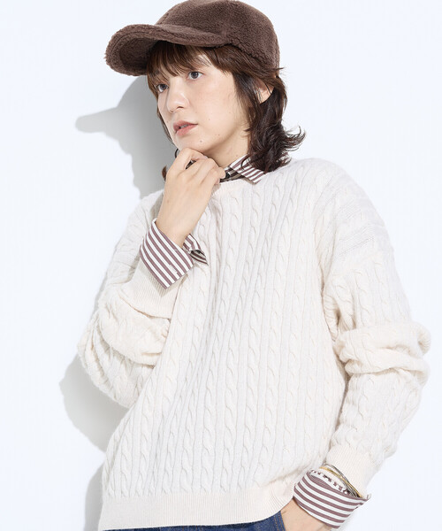 COMME CA Wardrobe(コムサワードローブ)の「ケーブル編 ニットプルオーバー(ニット/セーター・レディース・アイボリー/チャコール/イエロー・FREE)」の7枚目の写真