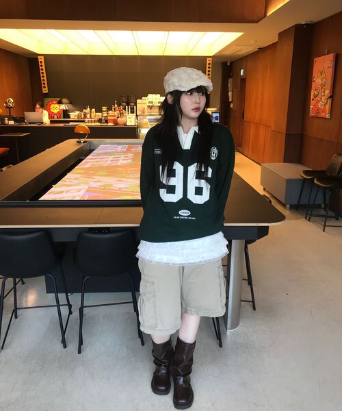 STENDS（ステンズ）の「[M~4XL] フットボールカラー配色ニット_グリーン（ニット/セーター・レディース・その他・XXX-LARGE/MEDIUM/LARGE/X-LARGE/XX-LARGE/XXXX-LARGE）」の2枚目の写真