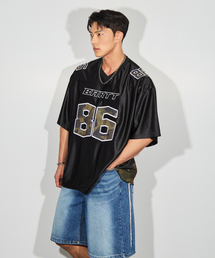 BATTRACT（バトラクト）の「オーバーサイズカモ刺繍ラグビー半袖ジャージ_ブラック（Tシャツ/カットソー）」