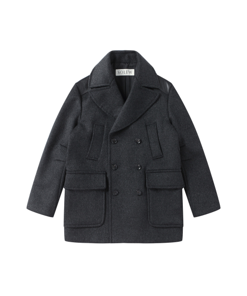 SOLEW(ソル)の「ダブルブレストレザーパッチコート_チャコール(チェスターコート・メンズ・その他・M(100)/L/S(95)/XL)」の1枚目の写真
