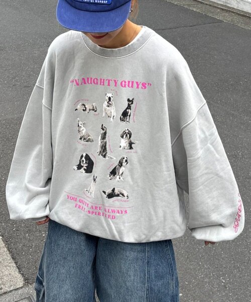 SOUNDSGOOOOD(サウンズグッド)の「【SOUNDS GOOOOD】DOGプリント刺繍ヴィンテージスウェット(スウェット・レディース・グリーン/パープル/グレー/ブラック・ONE SIZE)」の3枚目の写真