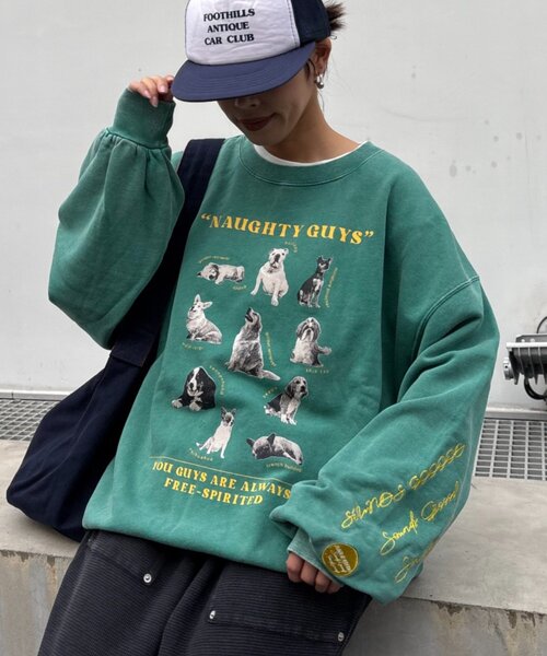 SOUNDSGOOOOD(サウンズグッド)の「【SOUNDS GOOOOD】DOGプリント刺繍ヴィンテージスウェット(スウェット・レディース・グリーン/パープル/グレー/ブラック・ONE SIZE)」の14枚目の写真