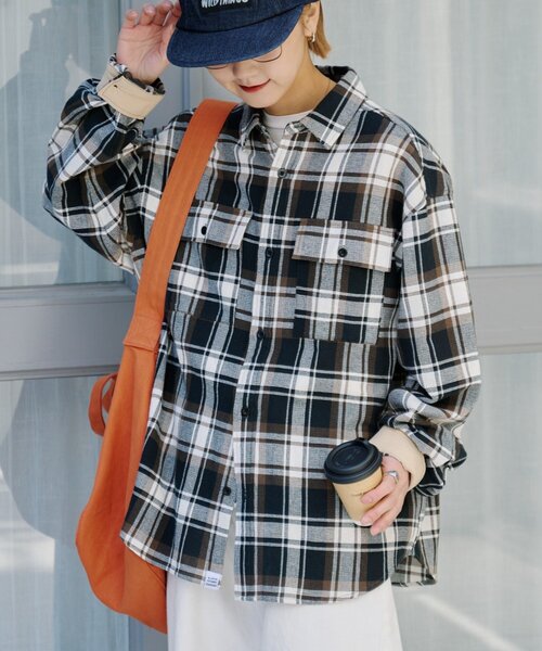 CIAOPANIC TYPY(チャオパニックティピー)の「【ユニセックス】パナマ織り/袖配色/チェックシャツジャケット(シャツ/ブラウス・メンズ・ベージュ/ピンク/ブラウン/グリーン・MEDIUM/LARGE)」の2枚目の写真