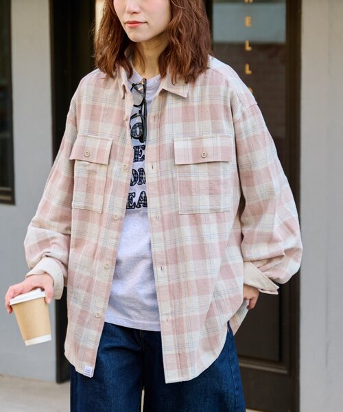 CIAOPANIC TYPY(チャオパニックティピー)の「【ユニセックス】パナマ織り/袖配色/チェックシャツジャケット(シャツ/ブラウス・メンズ・ベージュ/ピンク/ブラウン/グリーン・MEDIUM/LARGE)」の4枚目の写真