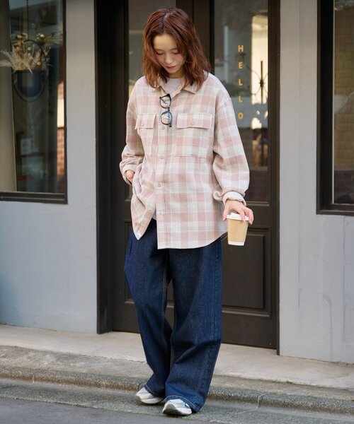 CIAOPANIC TYPY(チャオパニックティピー)の「【ユニセックス】パナマ織り/袖配色/チェックシャツジャケット(シャツ/ブラウス・メンズ・ベージュ/ピンク/ブラウン/グリーン・MEDIUM/LARGE)」の10枚目の写真