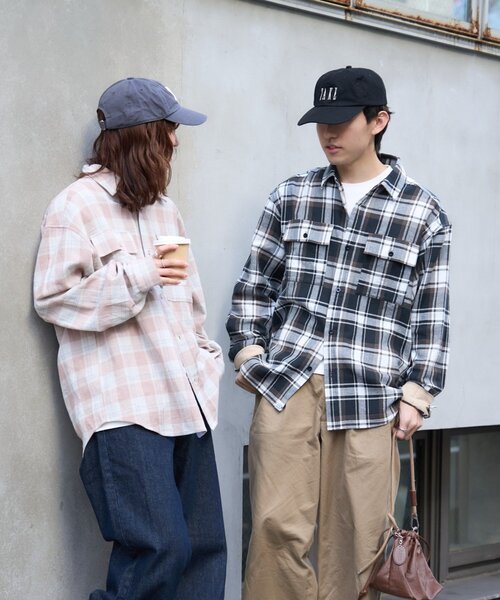 CIAOPANIC TYPY(チャオパニックティピー)の「【ユニセックス】パナマ織り/袖配色/チェックシャツジャケット(シャツ/ブラウス・メンズ・ベージュ/ピンク/ブラウン/グリーン・MEDIUM/LARGE)」の7枚目の写真