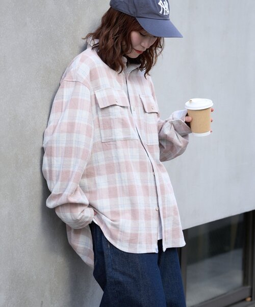 CIAOPANIC TYPY(チャオパニックティピー)の「【ユニセックス】パナマ織り/袖配色/チェックシャツジャケット(シャツ/ブラウス・メンズ・ベージュ/ピンク/ブラウン/グリーン・MEDIUM/LARGE)」の19枚目の写真