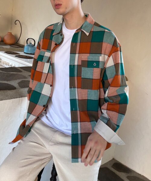 CIAOPANIC TYPY（チャオパニックティピー）の「【乾きやすい◎】ユニセックス/パナマ織り/袖配色/チェックシャツジャケット（シャツ/ブラウス・レディース・ベージュ/ピンク/ブラウン/グリーン・MEDIUM/LARGE）」の9枚目の写真