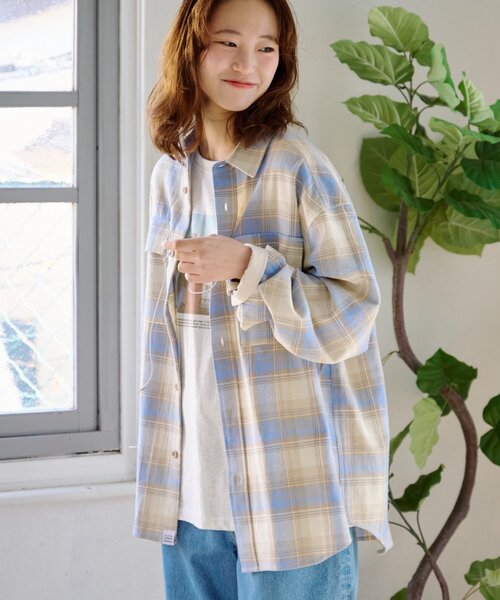 CIAOPANIC TYPY（チャオパニックティピー）の「【乾きやすい◎】ユニセックス/パナマ織り/袖配色/チェックシャツジャケット（シャツ/ブラウス・レディース・ベージュ/ピンク/ブラウン/グリーン・MEDIUM/LARGE）」の14枚目の写真