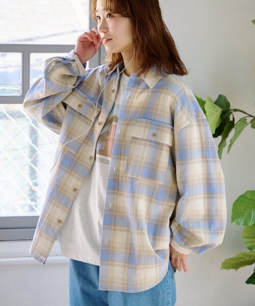 CIAOPANIC TYPY（チャオパニックティピー）の「【乾きやすい◎】ユニセックス/パナマ織り/袖配色/チェックシャツジャケット（シャツ/ブラウス・レディース・ベージュ/ピンク/ブラウン/グリーン・MEDIUM/LARGE）」の15枚目の写真