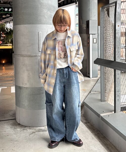 CIAOPANIC TYPY（チャオパニックティピー）の「【乾きやすい◎】ユニセックス/パナマ織り/袖配色/チェックシャツジャケット（シャツ/ブラウス・レディース・ベージュ/ピンク/ブラウン/グリーン・MEDIUM/LARGE）」の16枚目の写真