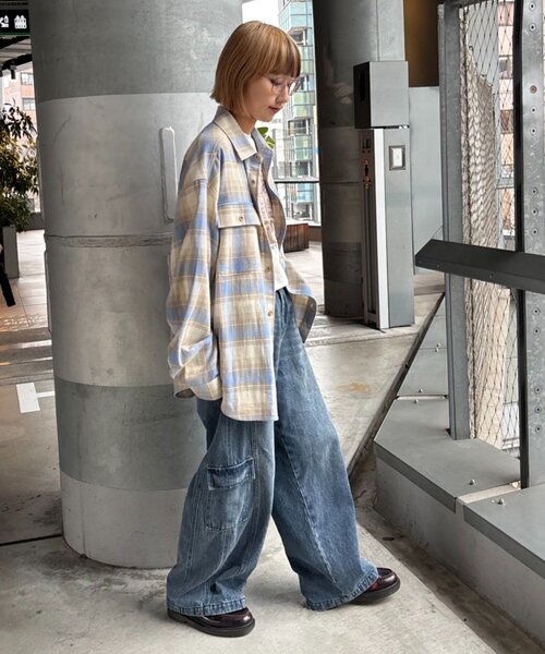 CIAOPANIC TYPY（チャオパニックティピー）の「【乾きやすい◎】ユニセックス/パナマ織り/袖配色/チェックシャツジャケット（シャツ/ブラウス・レディース・ベージュ/ピンク/ブラウン/グリーン・MEDIUM/LARGE）」の17枚目の写真