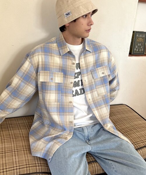 CIAOPANIC TYPY（チャオパニックティピー）の「【乾きやすい◎】ユニセックス/パナマ織り/袖配色/チェックシャツジャケット（シャツ/ブラウス・レディース・ベージュ/ピンク/ブラウン/グリーン・MEDIUM/LARGE）」の19枚目の写真