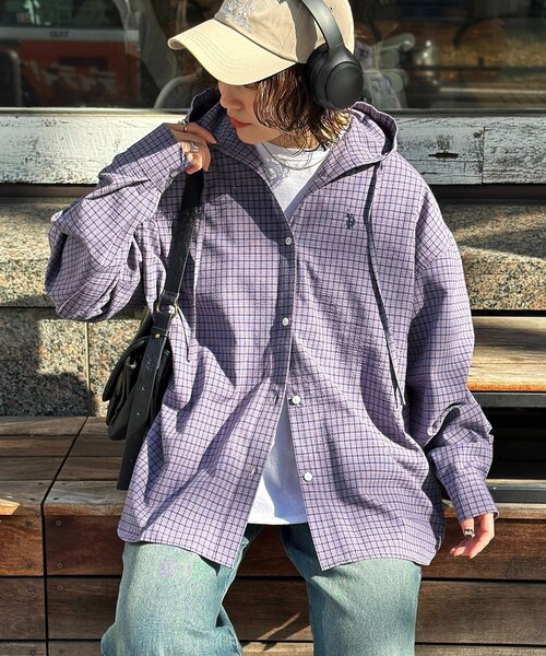 U.S. POLO ASSN.（ユーエスポロアッスン）の「【U.S. POLO ASSN.】フードチェックシャツ（シャツ/ブラウス・レディース・グリーン/パープル/ネイビー/アイボリー・FREE）」の4枚目の写真