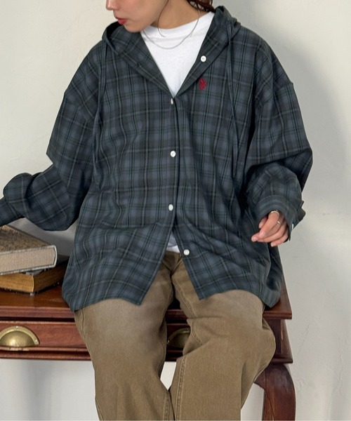 U.S. POLO ASSN.（ユーエスポロアッスン）の「【U.S. POLO ASSN.】フードチェックシャツ（シャツ/ブラウス・レディース・グリーン/パープル/ネイビー/アイボリー・FREE）」の3枚目の写真