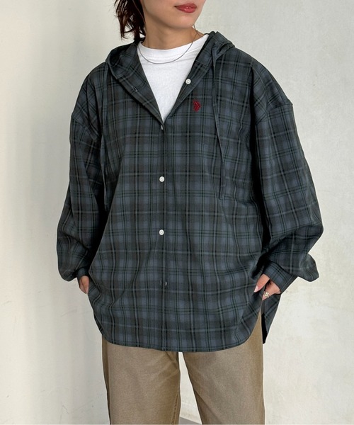 U.S. POLO ASSN.（ユーエスポロアッスン）の「【U.S. POLO ASSN.】フードチェックシャツ（シャツ/ブラウス・レディース・グリーン/パープル/ネイビー/アイボリー・FREE）」の5枚目の写真