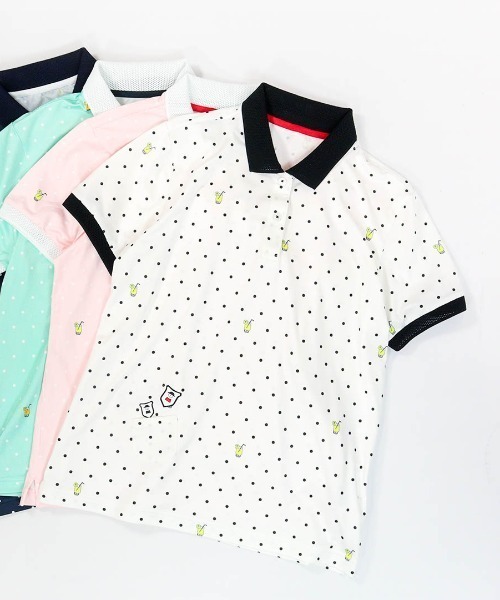 Picone CLUB(ピッコーネクラブ)の「ドリンクドット柄UV速乾ポロシャツ(ポロシャツ・レディース・ネイビー/ホワイト/ライトグリーン/ピンク・13号/11号/9号)」の2枚目の写真