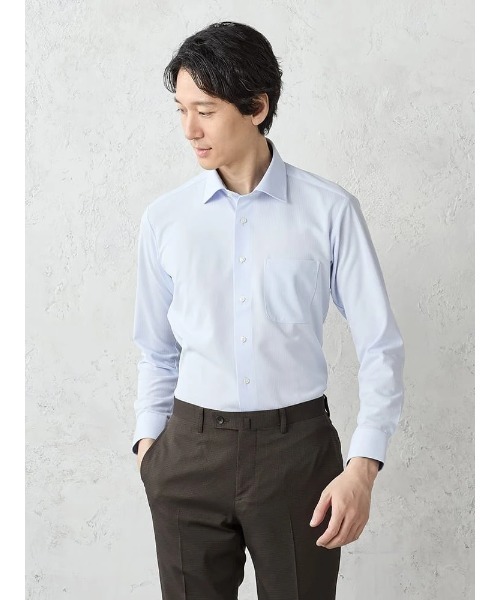 Perfect Suit FActory(パーフェクトスーツファクトリー)の「【完全ノンアイロン/WEB限定】長袖アイシャツ 織柄 セミワイドカラー サックス(ビジネスシャツ・メンズ・サックスブルー・首回り39cm-裄丈82cm/首回り37cm-裄丈80cm/首回り41cm-裄丈84cm)」の1枚目の写真