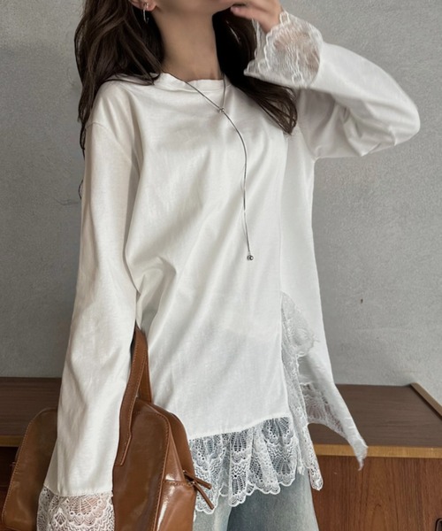 Eclat one(エクラワン)の「【Eclat one】レースレイヤード 長袖カットソー(Tシャツ/カットソー・レディース・ブラック/ホワイト・FREE)」の1枚目の写真
