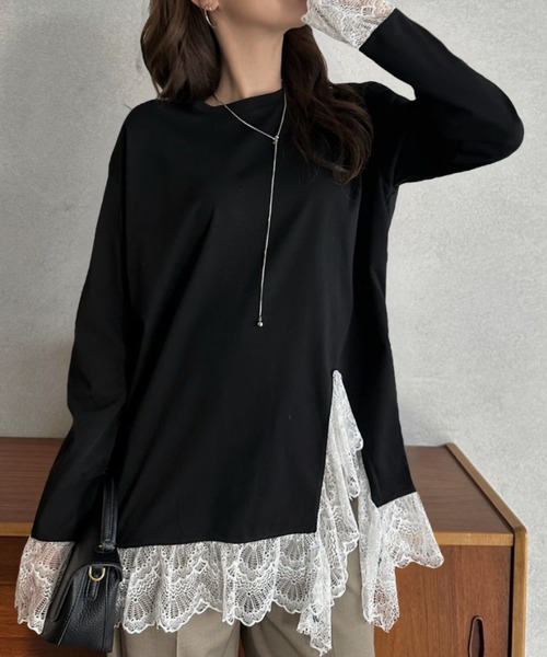 Eclat one(エクラワン)の「【Eclat one】レースレイヤード 長袖カットソー(Tシャツ/カットソー・レディース・ブラック/ホワイト・FREE)」の2枚目の写真