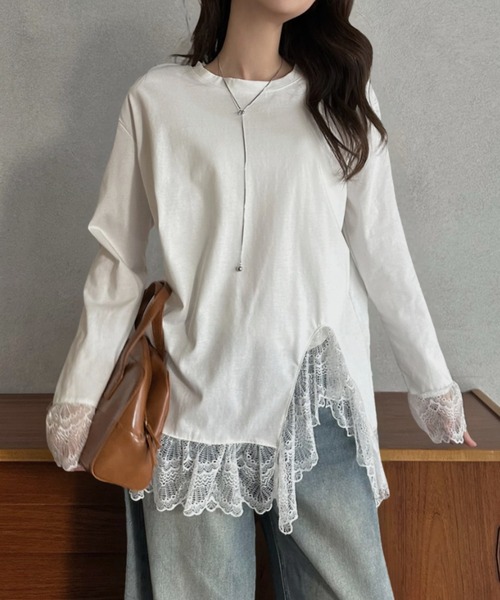 Eclat one(エクラワン)の「【Eclat one】レースレイヤード 長袖カットソー(Tシャツ/カットソー・レディース・ブラック/ホワイト・FREE)」の7枚目の写真