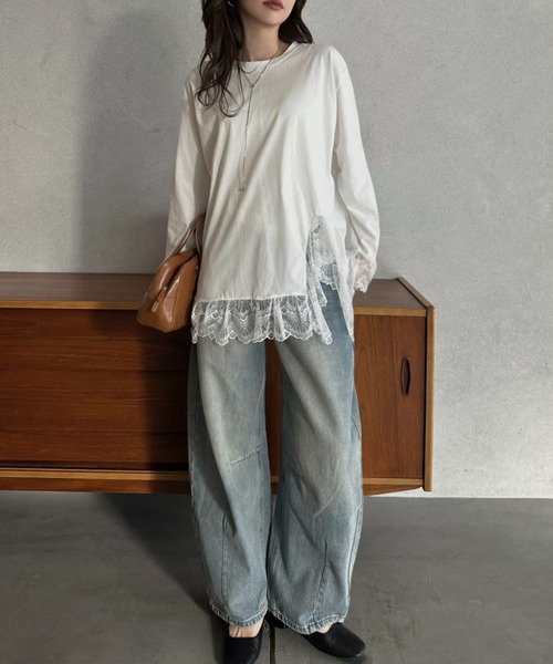 Eclat one(エクラワン)の「【Eclat one】レースレイヤード 長袖カットソー(Tシャツ/カットソー・レディース・ブラック/ホワイト・FREE)」の6枚目の写真